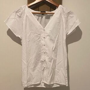 Ann Taylor White Button-Down V-Neck Top